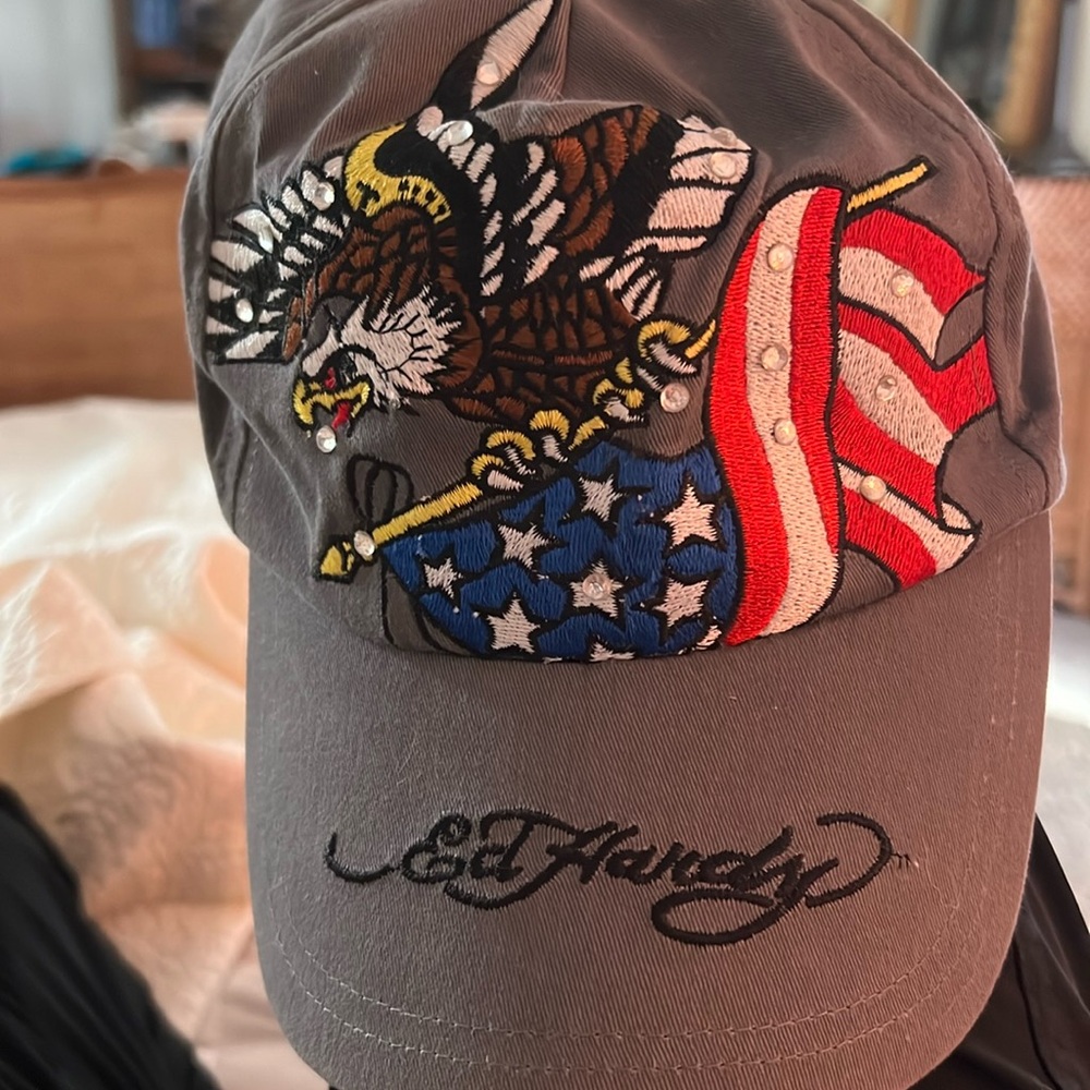 Y2K-Ed Hardy Men's Embroidered Eagle Flag Trucker Hat bling Paris Hilton